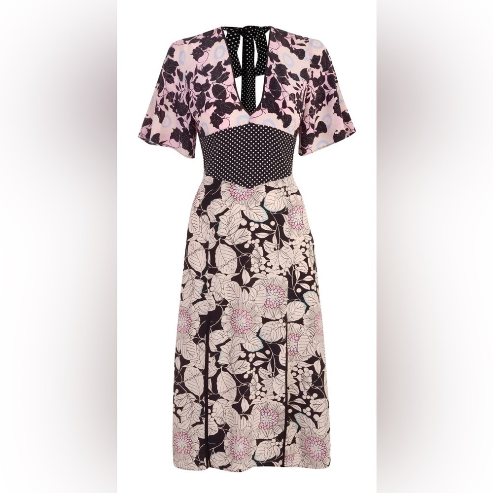 Topshop Floral Boho Dress Pink Black Polka Dot Tie Back Size US 8